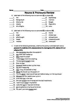 nouns and pronouns worksheet teaching resources tpt