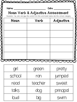 Noun Verb Adjective Assessment by Pencil Perfect | TpT
