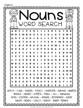 Noun, Verb & Adjective Word Search Activity: 6 Parts of Speech Word