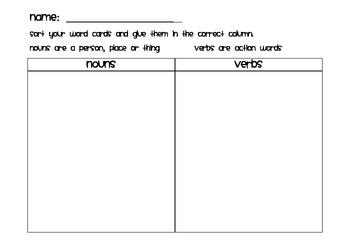 Noun Verb Sort with Pictures by Kristen Hinnegan | TpT