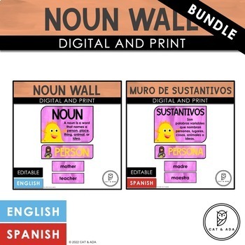 Preview of Noun Wall Digital & Print BUNDLE - ENGLISH & SPANISH - Editable