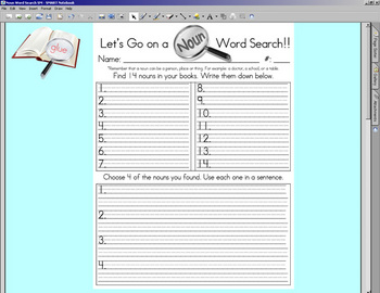 Preview of Noun Word Search worksheet w/ SMARTBOARD display