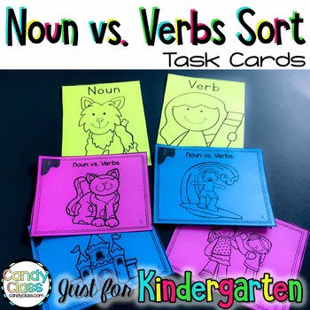 Preview of Noun and Verb Sort Kindergarten Grammar Task Cards & Games Activity Scoot Game