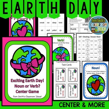 Preview of Noun or Verb? Earth Day Task Cards, Center Games, Printables and More