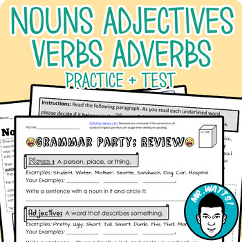 Nouns, Adjectives, Verbs, Adverbs Grammar Packet + Test by MrWatts