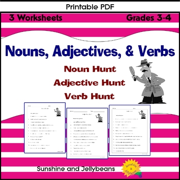 nouns adjectives verbs 3 worksheets grades 3 4 great practice ccss