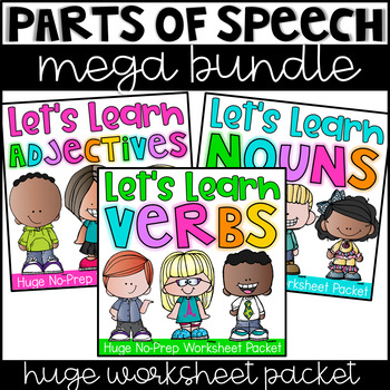 Preview of Nouns, Adjectives & Verbs Printable Worksheet BUNDLE - Kindergarten First Second