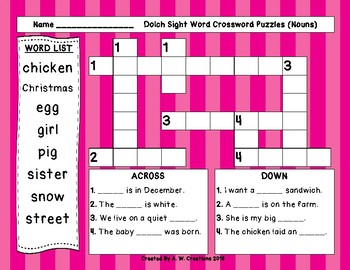 Nouns Dolch Sight Words Crossword Puzzle by A W Creations | TpT