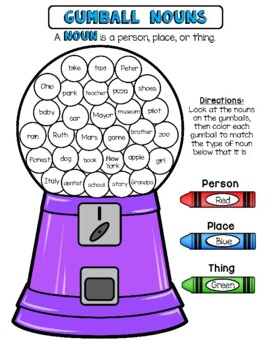 Nouns Freebie | Gumball Worksheet | Google Classroom & Print by Joyful 4th