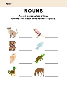 Nouns Labeling, Animal Names, Person, Place, Thing, Vocabulary, Writing