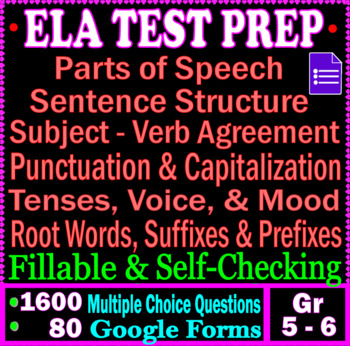 Preview of 5th - 6th grade ELA Test Prep Bundle 1600 MCQs Self-Grading Grammar Google Forms