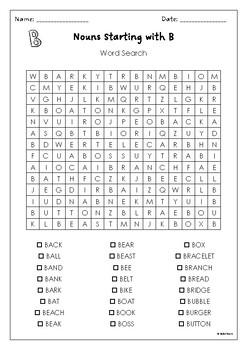 Nouns Starting With B Word Search Activity ~ Letter B Alphabet