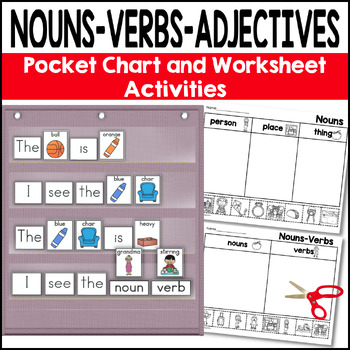 Preview of Nouns Verbs Adjectives Activities for Kindergarten Pocket Chart and Worksheets