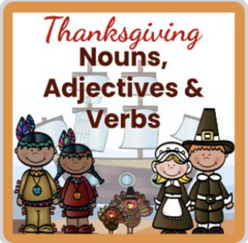 Preview of Nouns, Verbs & Adjectives Digital Boom Cards™ Task Cards (Thanksgiving Theme)