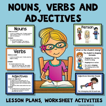 Preview of Nouns, Verbs, Adjectives - Lesson Plans, Mini- Posters, Worksheet Activity