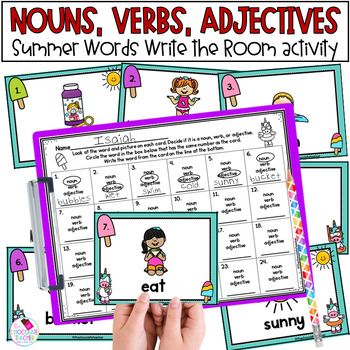 Preview of Nouns Verbs Adjectives - Parts of Speech - Write the Room - Summer Grammar