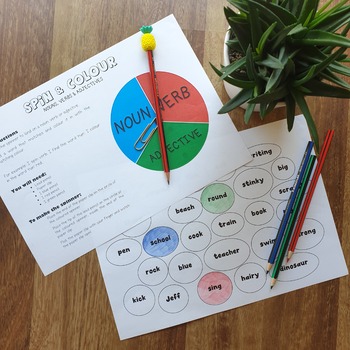 Nouns, Verbs & Adjectives - Spin & Colour {EDITABLE} [NO PREP - PRINT n GO]