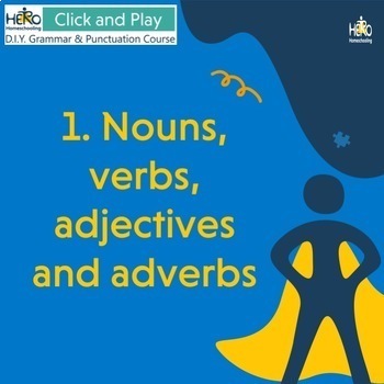 Preview of 1. Nouns, Verbs, Adjectives, Yr 4-8 homeschool, low-prep, slides, game & sheet