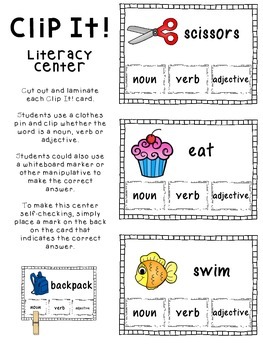 Nouns, Verbs and Adjectives Literacy Center, Activities and Posters