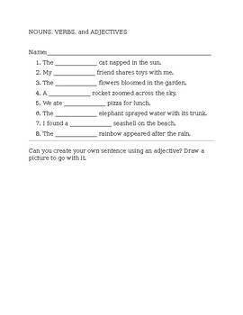 Preview of Nouns, Verbs, and Adjectives worksheet for gifted and extended learning