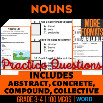 Preview of Nouns Word Worksheets Incl Abstract Concrete Compound Collective 3rd 4th Grade