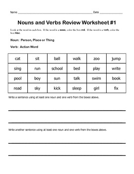 nouns and verbs review worksheets by kelly connors tpt