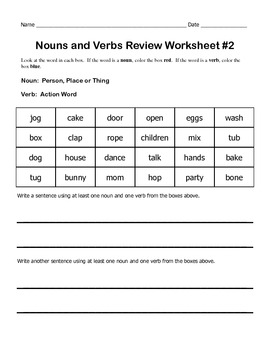 nouns and verbs review worksheets by kelly connors tpt