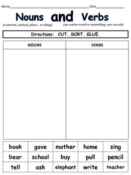 nouns and verbs cut and paste by teachingisfun tpt