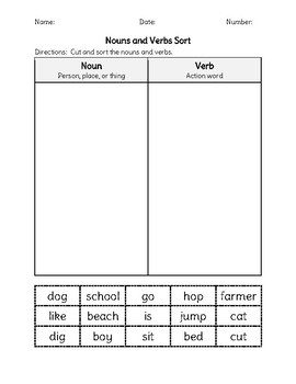 nouns and verbs sort and worksheet by thea fraser tpt