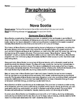 Preview of Nova Scotia Paraphrasing Worksheet (Canada)