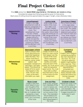 Novel-Based Final Project Choice Grid: Writing Standards by Dr Malia ...