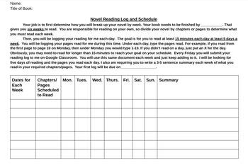 Preview of Novel Reading Log Template