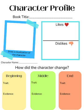 Preview of Novel Study Character Profile Worksheet (in color)