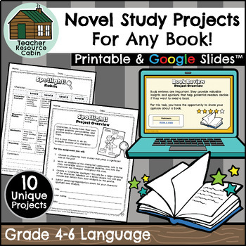 Preview of Novel Study Projects and Rubrics Grade 4-6 (Printable + Google Slides™)