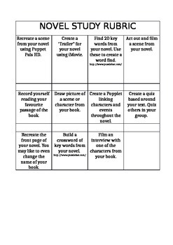 Preview of Novel Study Rubric