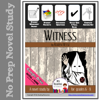 Preview of Novel Study Witness by Karen Hesse - includes DIGITAL file options