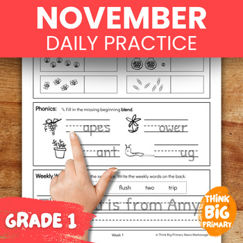 Preview of November First Grade Spiral Math & Phonics Daily Practice