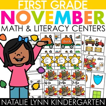 Preview of November 1st Grade Centers Low Prep Fall Math and Literacy Centers First Grade