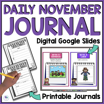 Preview of November 1st Grade Journal Writing | Thanksgiving Writing Prompts | Kindergarten