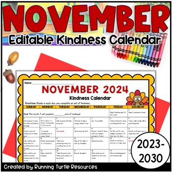 Preview of November 2024 Kindness Calendar Editable - Random Acts of Kindness Challenge