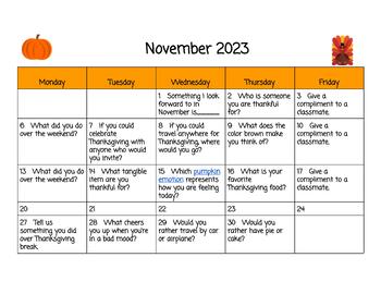 Preview of November 2023 Community Circle Calendar of questions for SEL