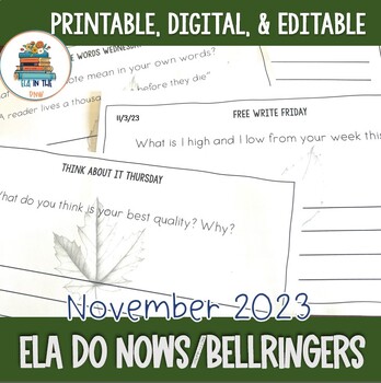 Preview of November '23 Do Nows/Bell Ringers DIGITAL & PRINT, EDITABLE ELA Grades 4-8