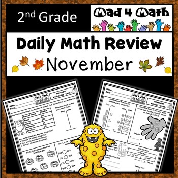 Preview of November 2nd Grade Math Spiral Review Morning Work | NO PREP Fall Worksheets