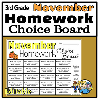 Preview of November 3rd Grade Homework Choice Board - Engaging Daily Activities