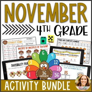 Preview of November 4th Grade Math Activities - Digital & Printable - Thanksgiving Centers