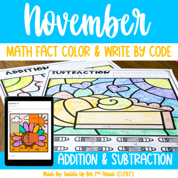 Preview of November Addition and Subtraction Color by Number | Print and Digital