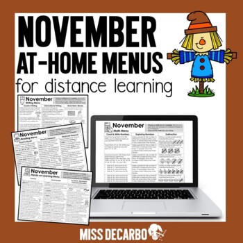 Preview of November First Grade Choice Board Activities-Math, Writing, Reading At Home Menu