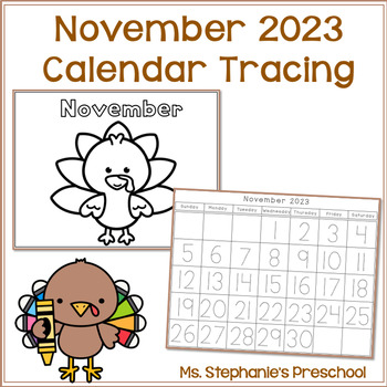 Preview of November Calendar 2023 Tracing and Coloring Calendar Pages