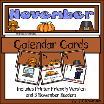 November Calendar Cards by TK Kreations | Teachers Pay Teachers