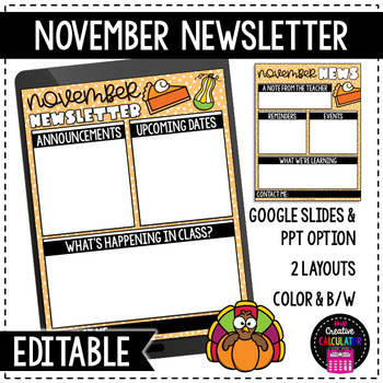 Preview of November Classroom Newsletter Template - EDITABLE - Printable & Digital